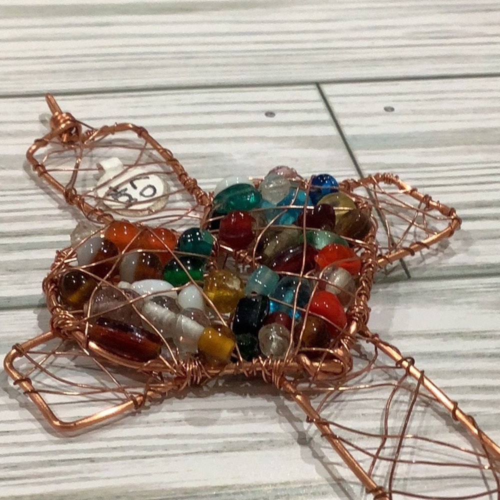 Handmade copper cross and heart with glass beads ornament